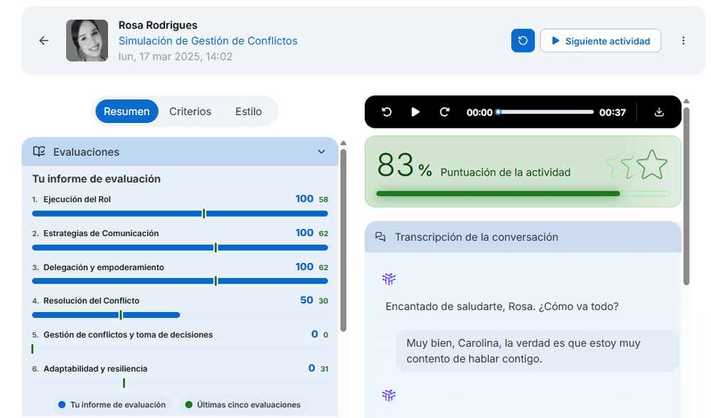 Informe de evaluación: puntuación por criterios, audio y transcripción de la conversación